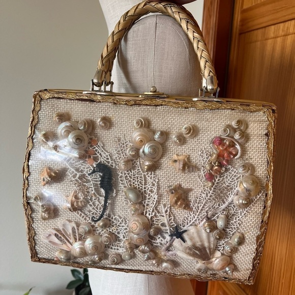 1950s 1960s Vintage Wicker Seashell Purse Handbag Woven Seahorse Starfish - Picture 3 of 14